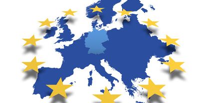 Karte von Europa mit den Mitgliedsstaaten. Blau mit gelben Sternen.
